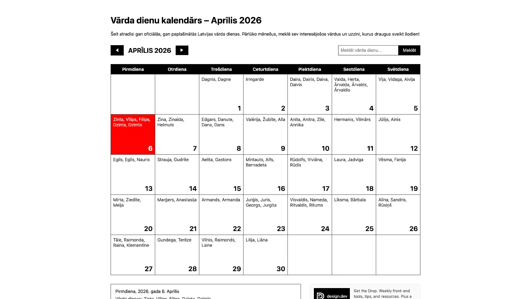 Vārda dienu kalendārs — 1