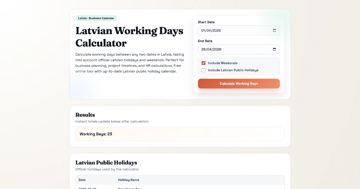 Latvijas darba dienu kalkulators